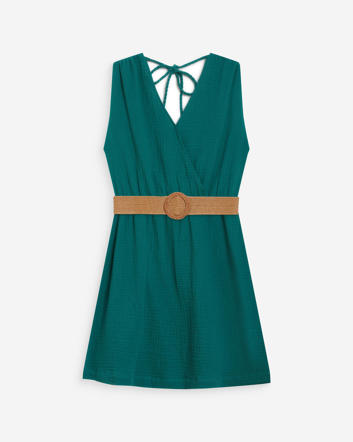 Robe courte en gaze de coton ceinturée emeraude Wrenna