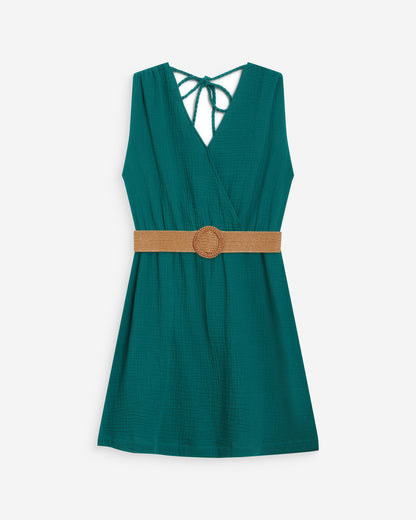 Robe courte en gaze de coton ceinturée emeraude Wrenna