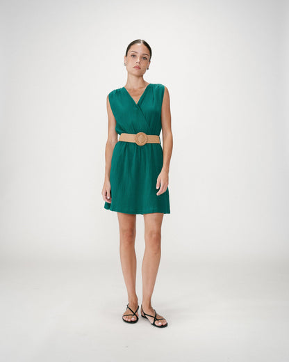Robe courte en gaze de coton ceinturée emeraude Wrenna