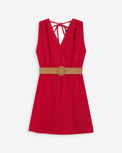 Robe courte en gaze de coton ceinturée fuchsia Wrenna