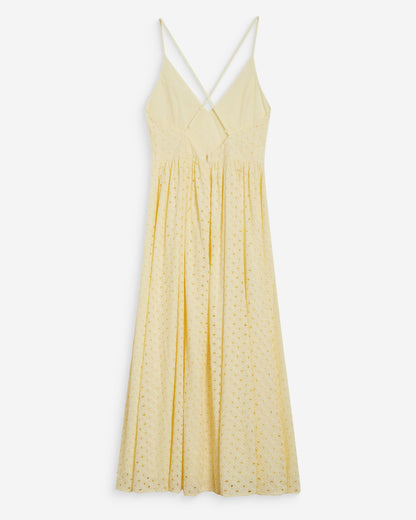 Robe longue évasée col V en broderie anglaise jaune Wimala