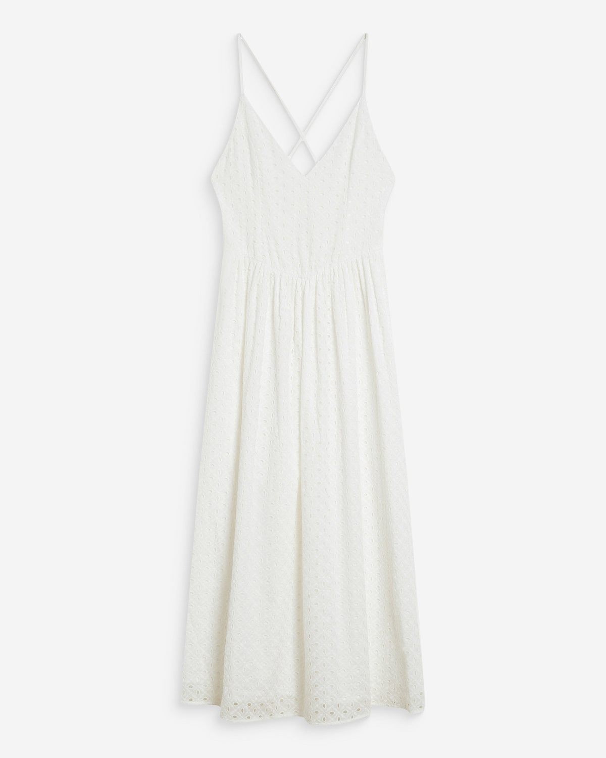 Robe longue évasée col V en broderie anglaise white Wimala
