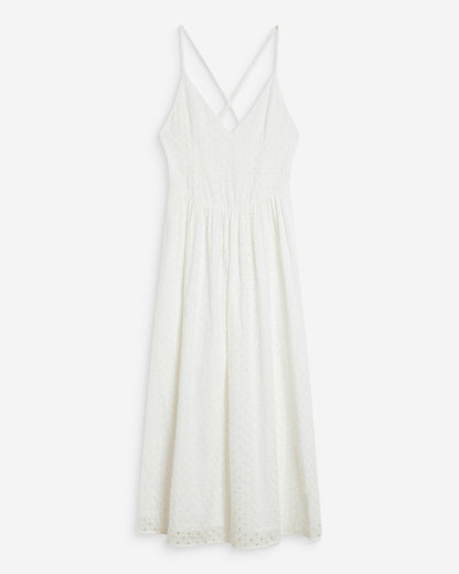Robe longue évasée col V en broderie anglaise white Wimala
