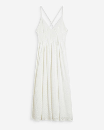 Robe longue évasée col V en broderie anglaise white Wimala