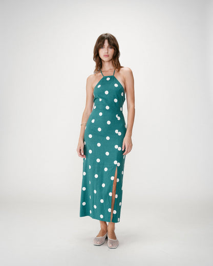 Robe longue ajustée à pois dos nu emeraude Wyella