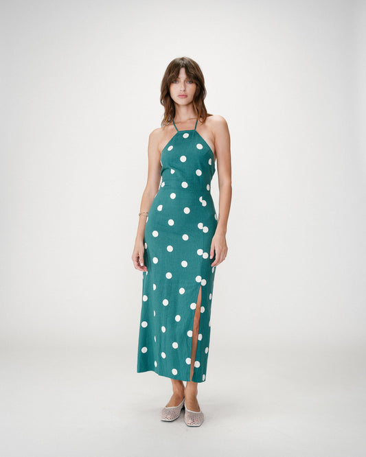 Robe longue ajustée à pois dos nu emeraude Wyella