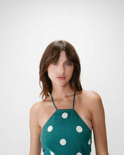 Robe longue ajustée à pois dos nu emeraude Wyella