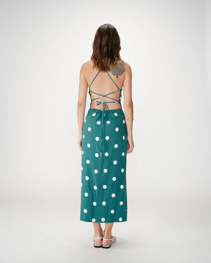Robe longue ajustée à pois dos nu emeraude Wyella