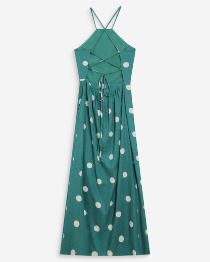 Robe longue ajustée à pois dos nu emeraude Wyella