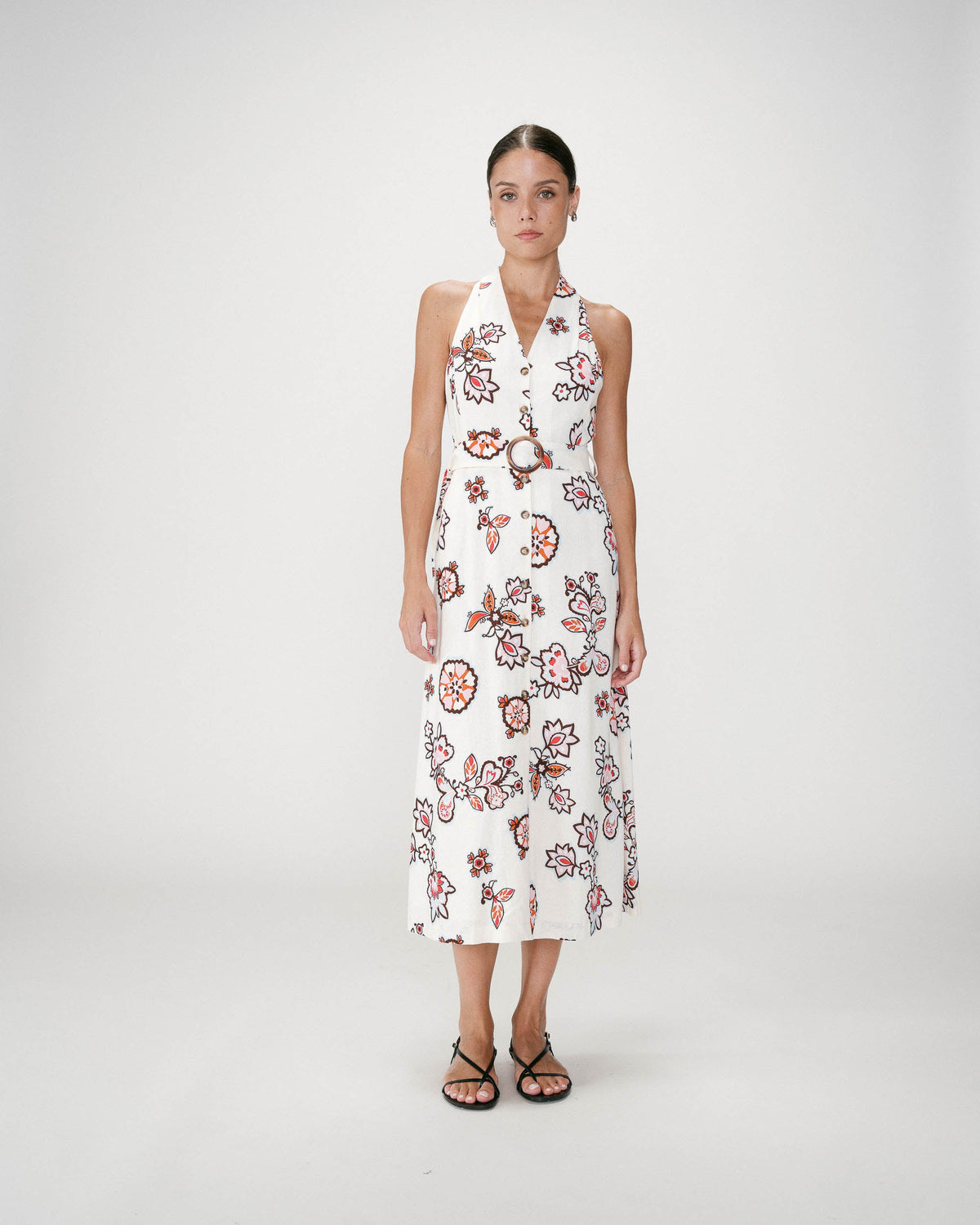 Robe midi ceinturée col V imprimé floral ecru Wink