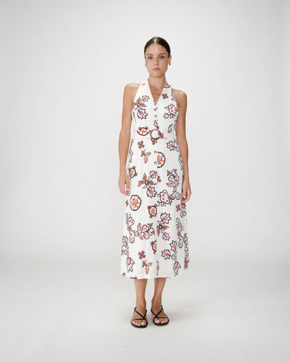 Robe midi ceinturée col V imprimé floral ecru Wink