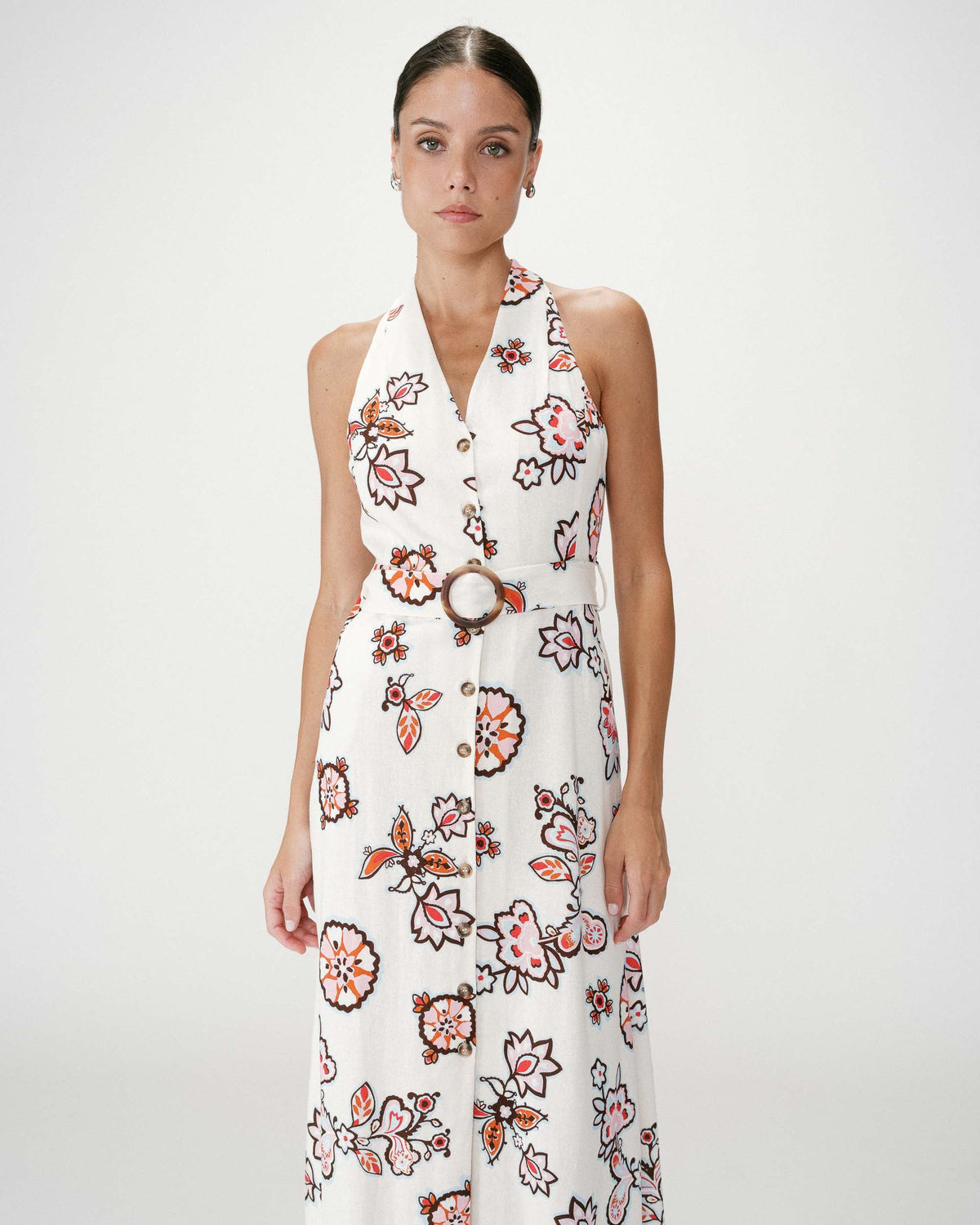 Robe midi ceinturée col V imprimé floral ecru Wink