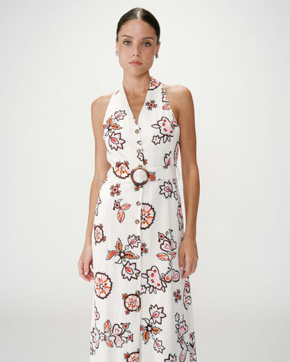 Robe midi ceinturée col V imprimé floral ecru Wink