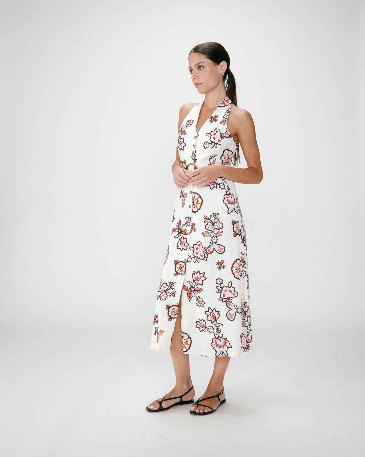 Robe midi ceinturée col V imprimé floral ecru Wink