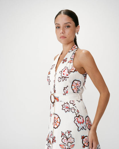Robe midi ceinturée col V imprimé floral ecru Wink
