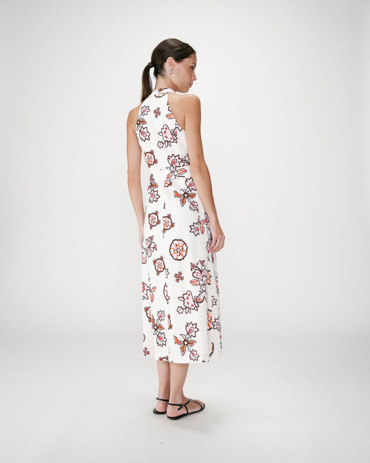 Robe midi ceinturée col V imprimé floral ecru Wink