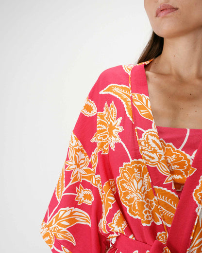 Kimono imprimé floral manches courtes fuchsia Wahana