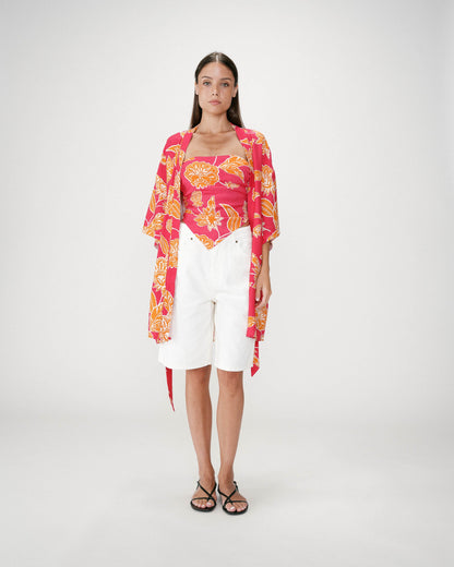 Kimono imprimé floral manches courtes fuchsia Wahana