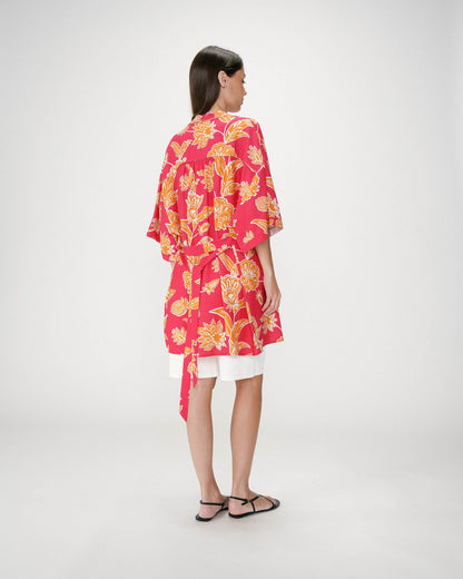 Kimono imprimé floral manches courtes fuchsia Wahana