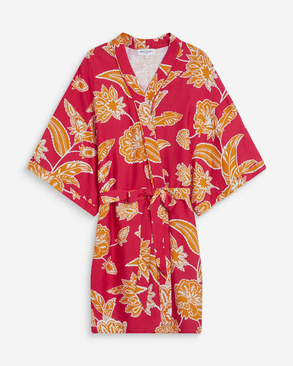 Kimono imprimé floral manches courtes fuchsia Wahana
