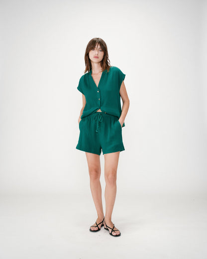 Short large taille haute en gaze de coton emeraude Wasabi