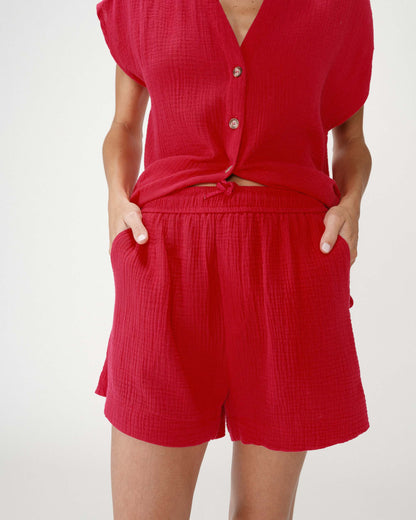 Short large taille haute en gaze de coton fuchsia Wasabi