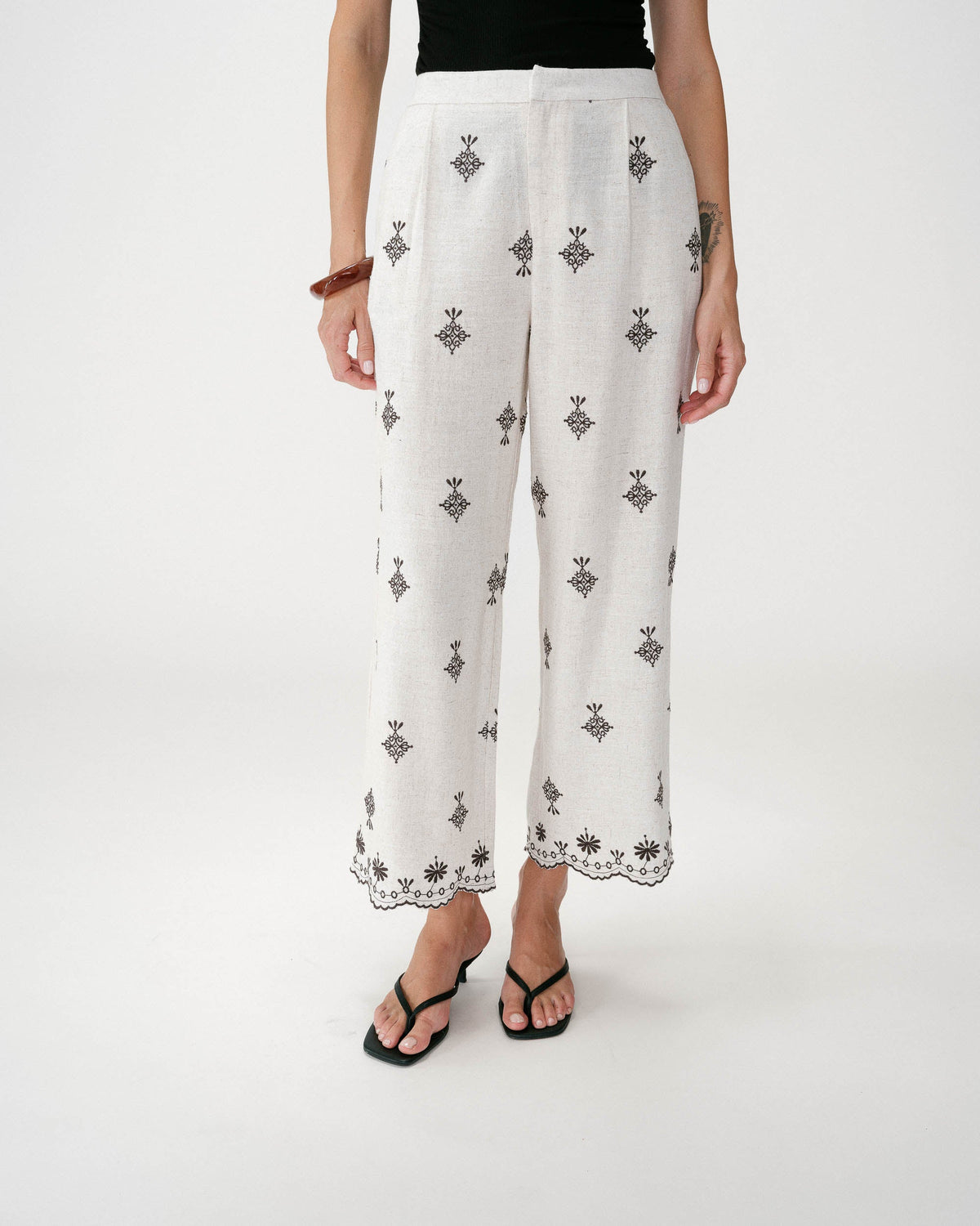 Pantalon droit brodé 7/8 chocolat Waren
