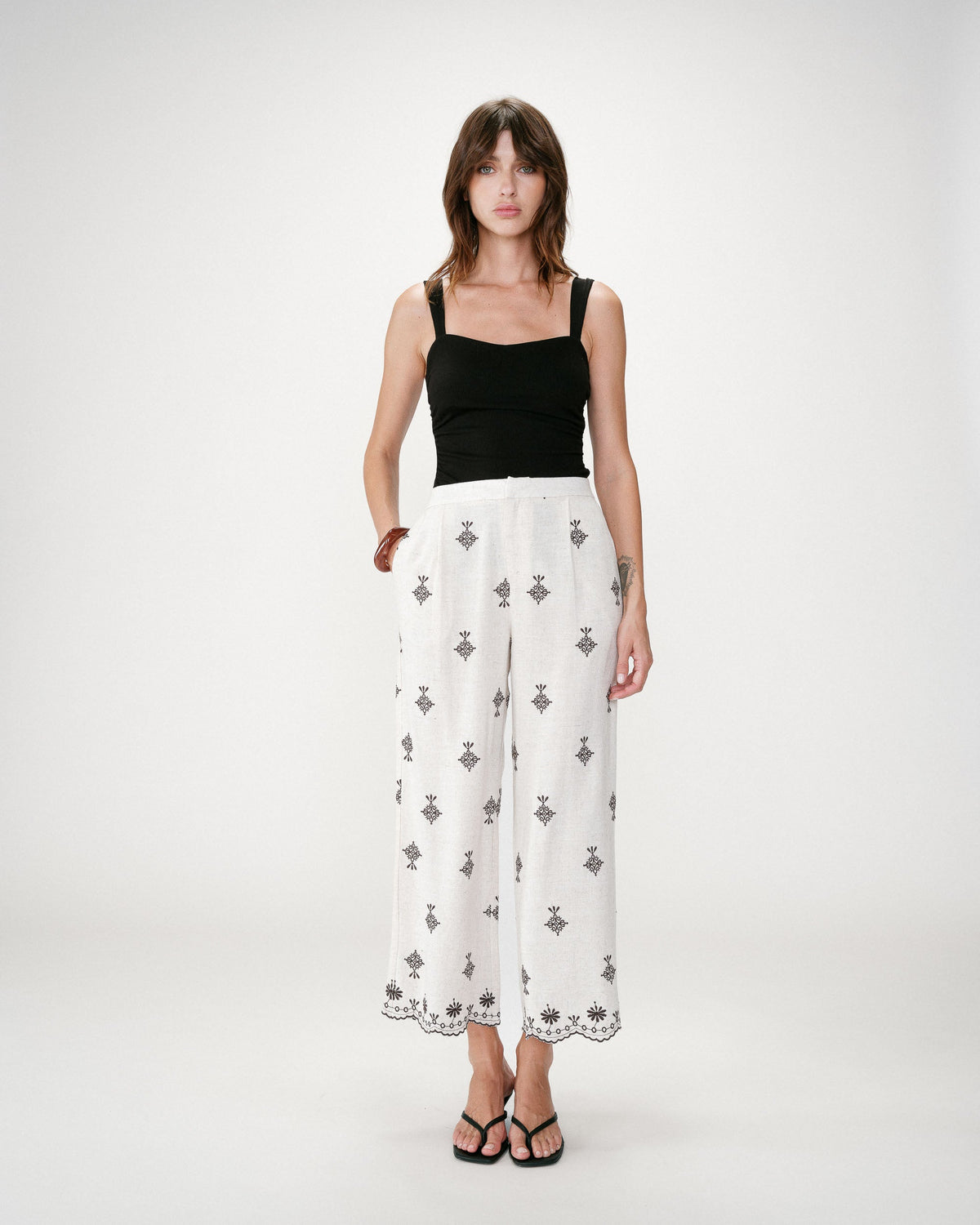 Pantalon droit brodé 7/8 chocolat Waren