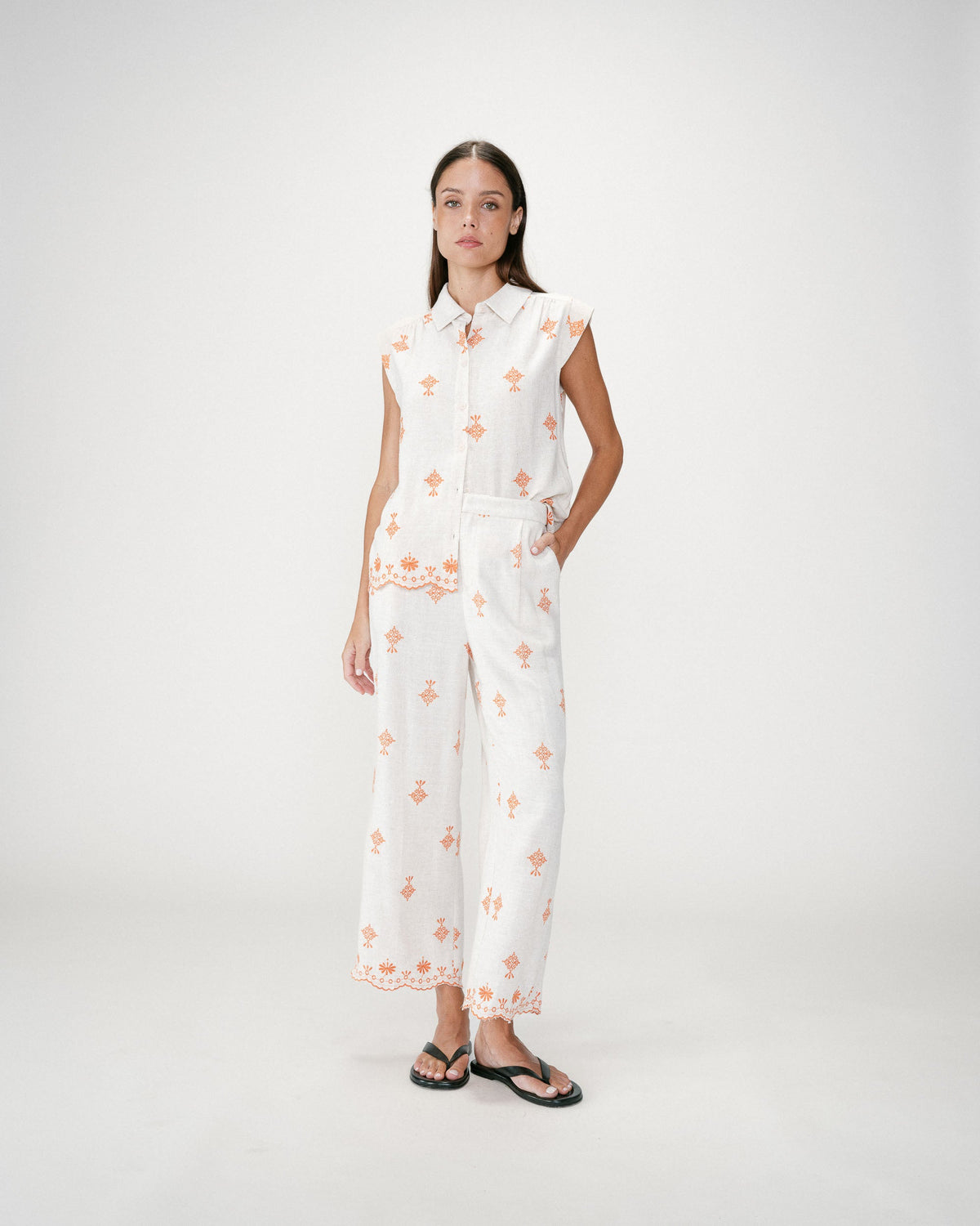 Pantalon droit brodé 7/8 orange Waren