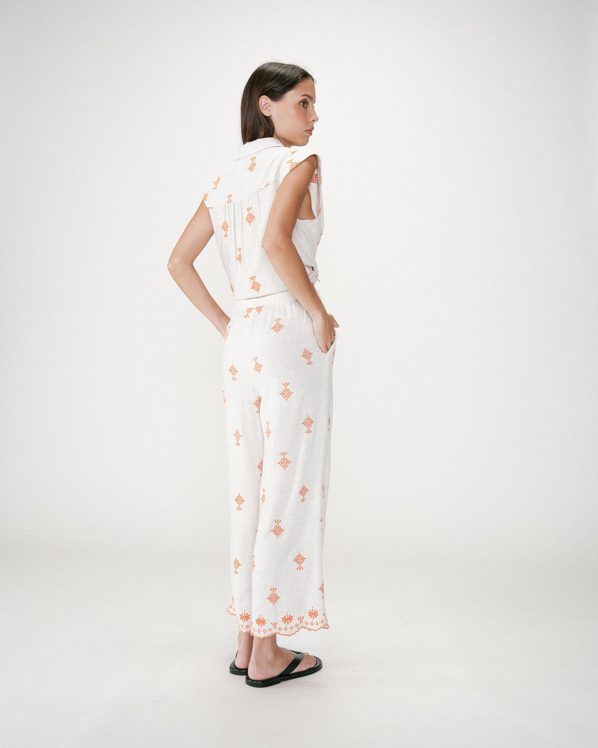 Pantalon droit brodé 7/8 orange Waren