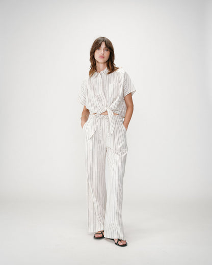 Pantalon ample en lin et tencel rayé sable Weston