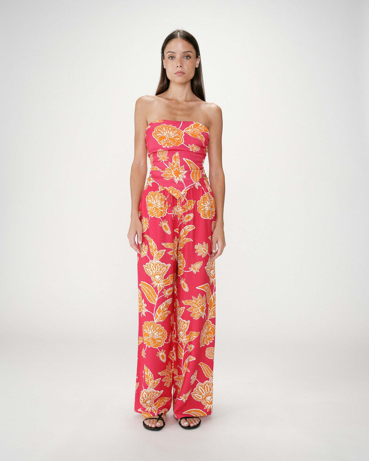 Pantalon fluide imprimé floral taille élastique fuchsia Woods
