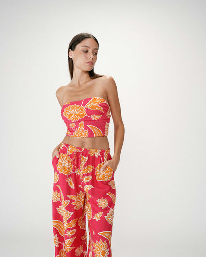 Pantalon fluide imprimé floral taille élastique fuchsia Woods
