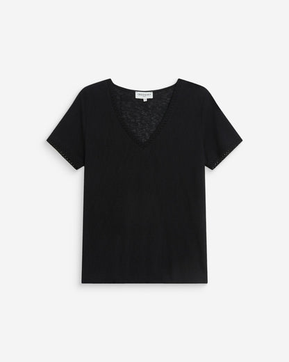 Top droit col V en dentelle manches courtes noir Willem