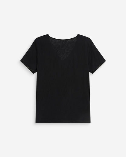 Top droit col V en dentelle manches courtes noir Willem