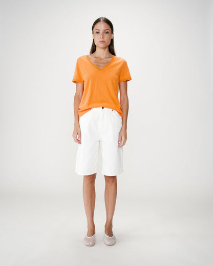 Top droit col V en dentelle manches courtes orange Willem