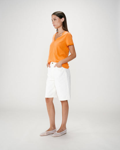 Top droit col V en dentelle manches courtes orange Willem