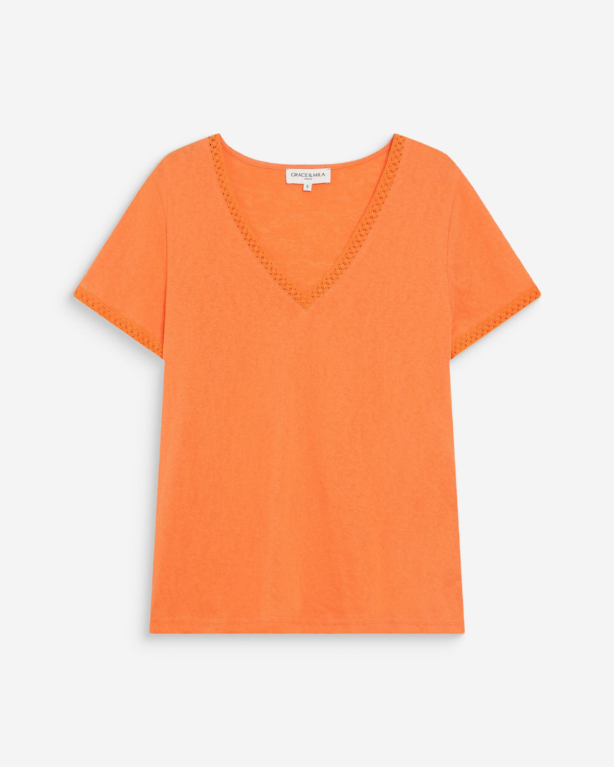 Top droit col V en dentelle manches courtes orange Willem