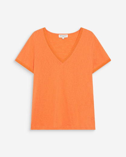 Top droit col V en dentelle manches courtes orange Willem