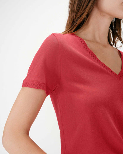 Top droit col V en dentelle manches courtes rouge Willem