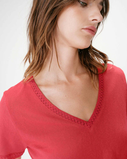 Top droit col V en dentelle manches courtes rouge Willem
