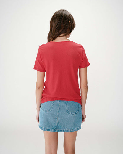 Top droit col V en dentelle manches courtes rouge Willem
