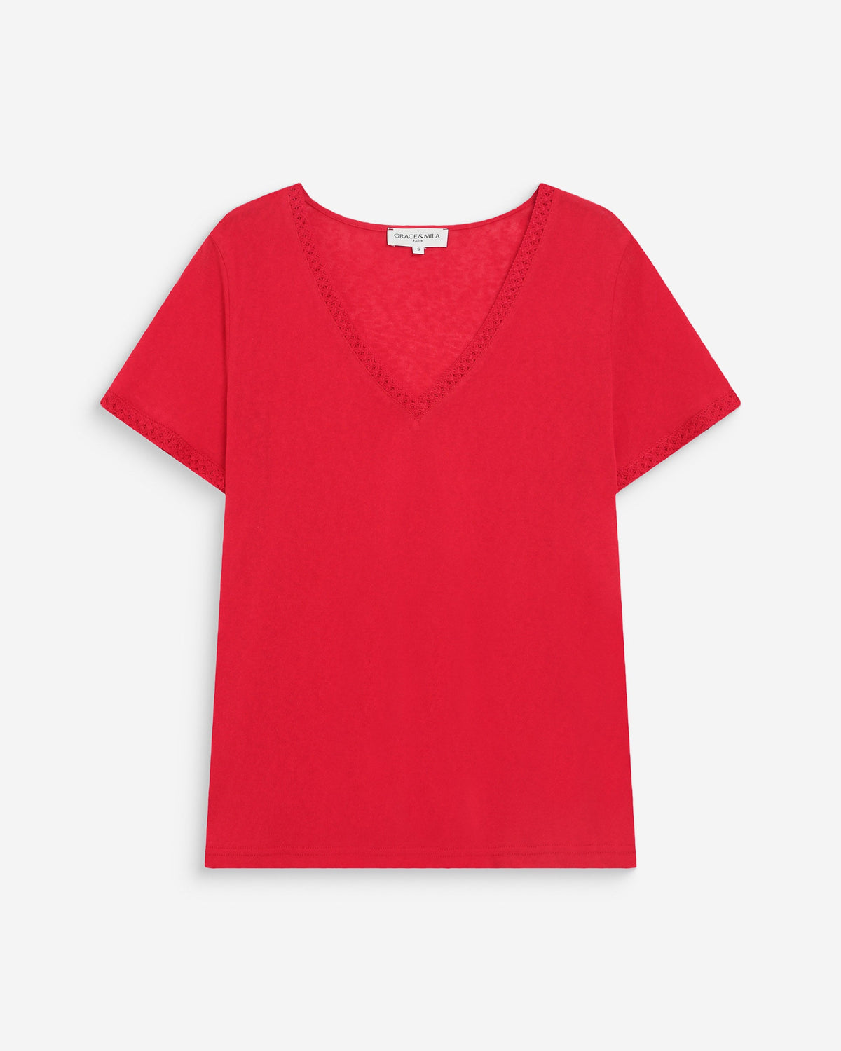 Top droit col V en dentelle manches courtes rouge Willem
