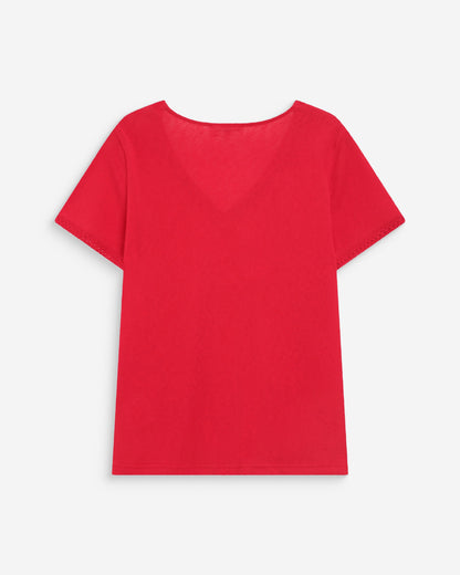 Top droit col V en dentelle manches courtes rouge Willem