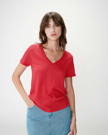 Top droit col V en dentelle manches courtes rouge Willem