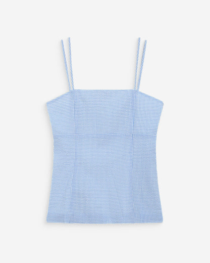 Top en coton vichy ajusté col carré ciel Wynel