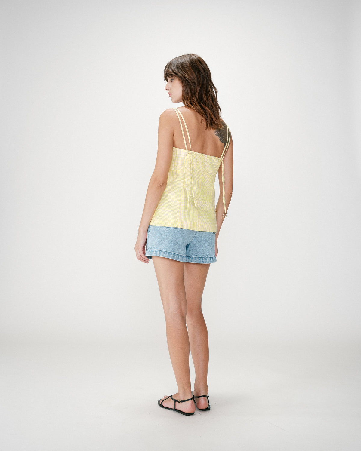 Top en coton vichy ajusté col carré jaune Wynel