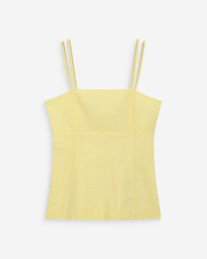 Top en coton vichy ajusté col carré jaune Wynel