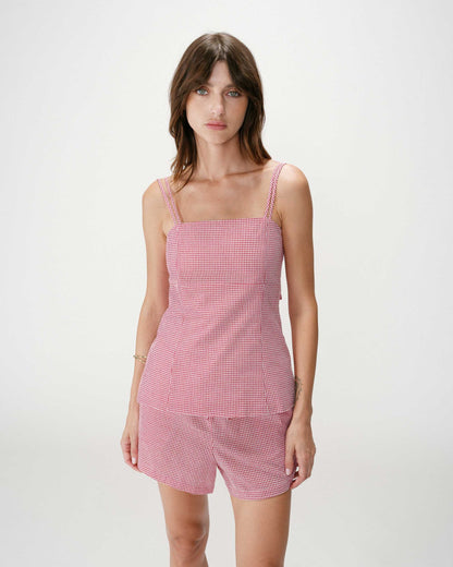 Top en coton vichy ajusté col carré rouge Wynel