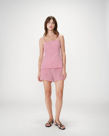 Top en coton vichy ajusté col carré rouge Wynel